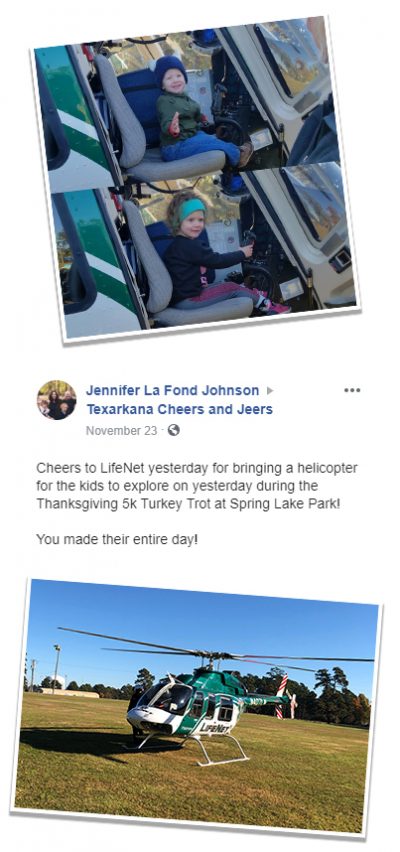 Photos of two kids inside the LifeNet Air medical helicopter along with a note from their mom. The kids are at the 5th Annual Turkey Trot at Springlake Park in Texarkana.